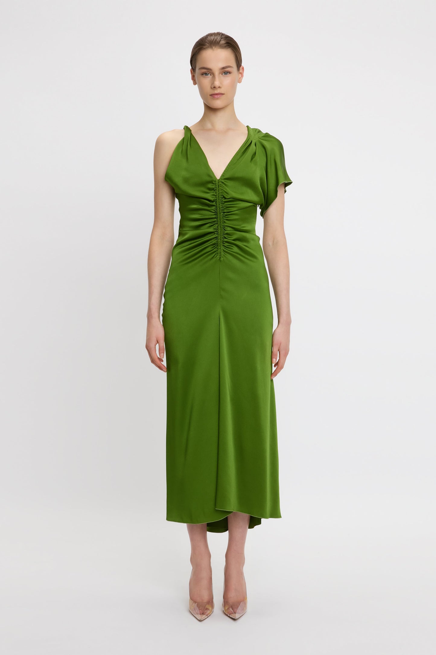 Asymmetric Ruched Detail Midi Dress In Algae