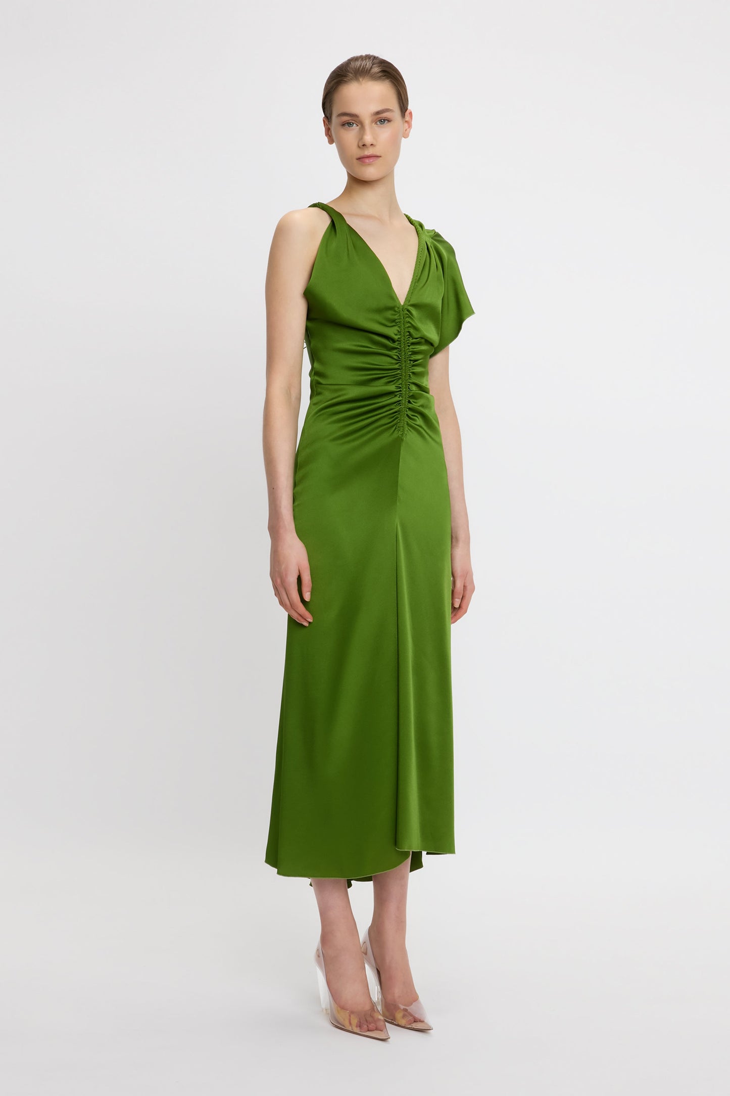 Asymmetric Ruched Detail Midi Dress In Algae