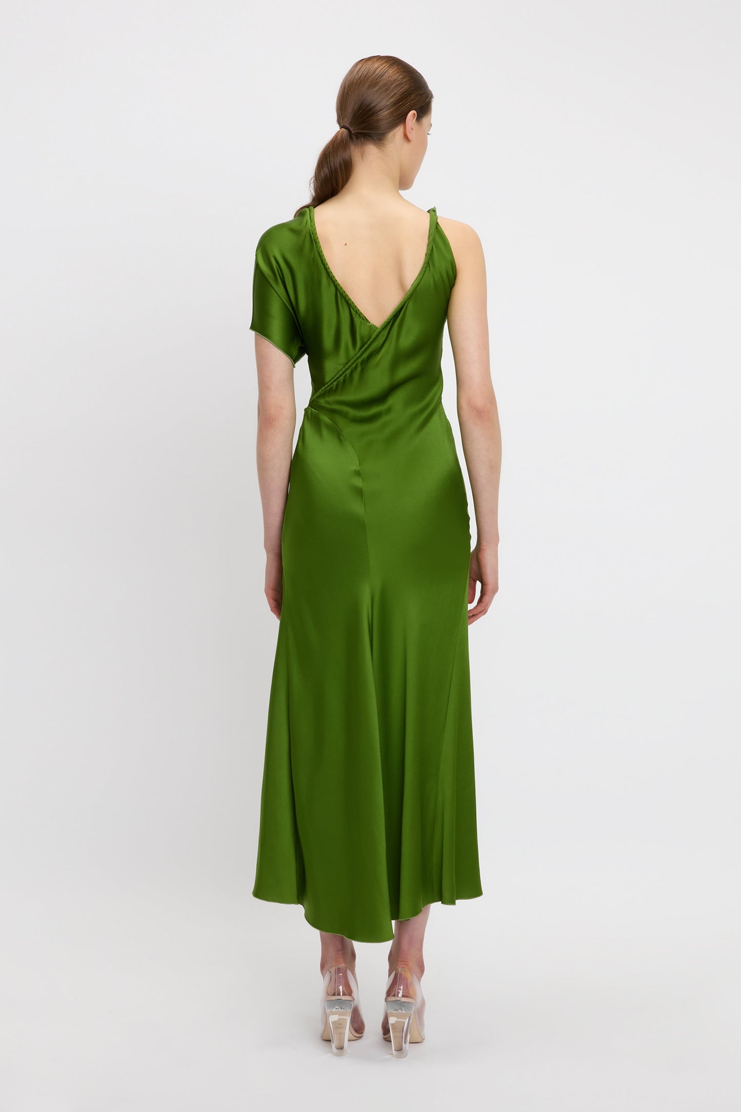 Asymmetric Ruched Detail Midi Dress In Algae