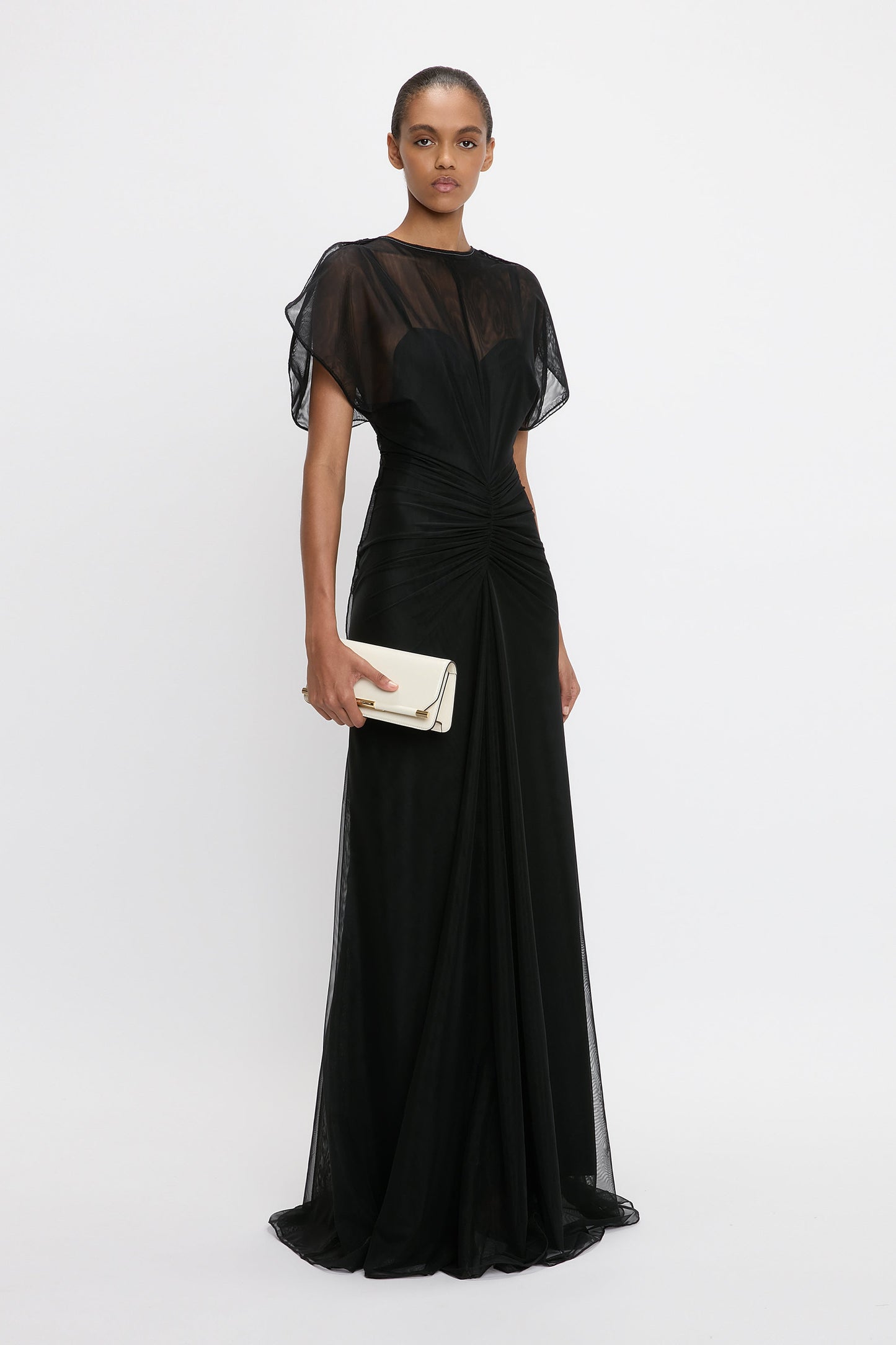 Sheer Gathered Waist Floor-Length Dress In Black