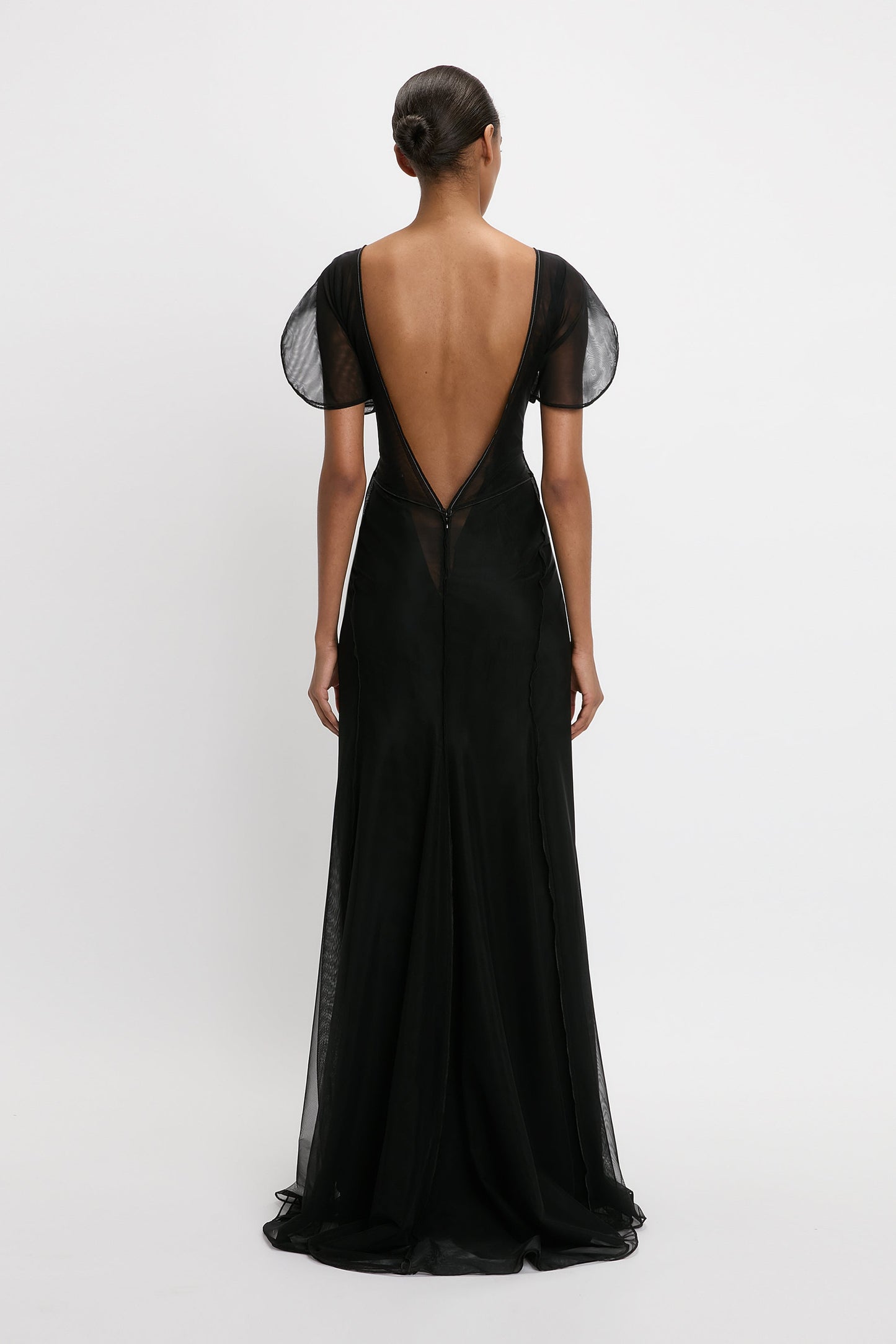 Sheer Gathered Waist Floor-Length Dress In Black