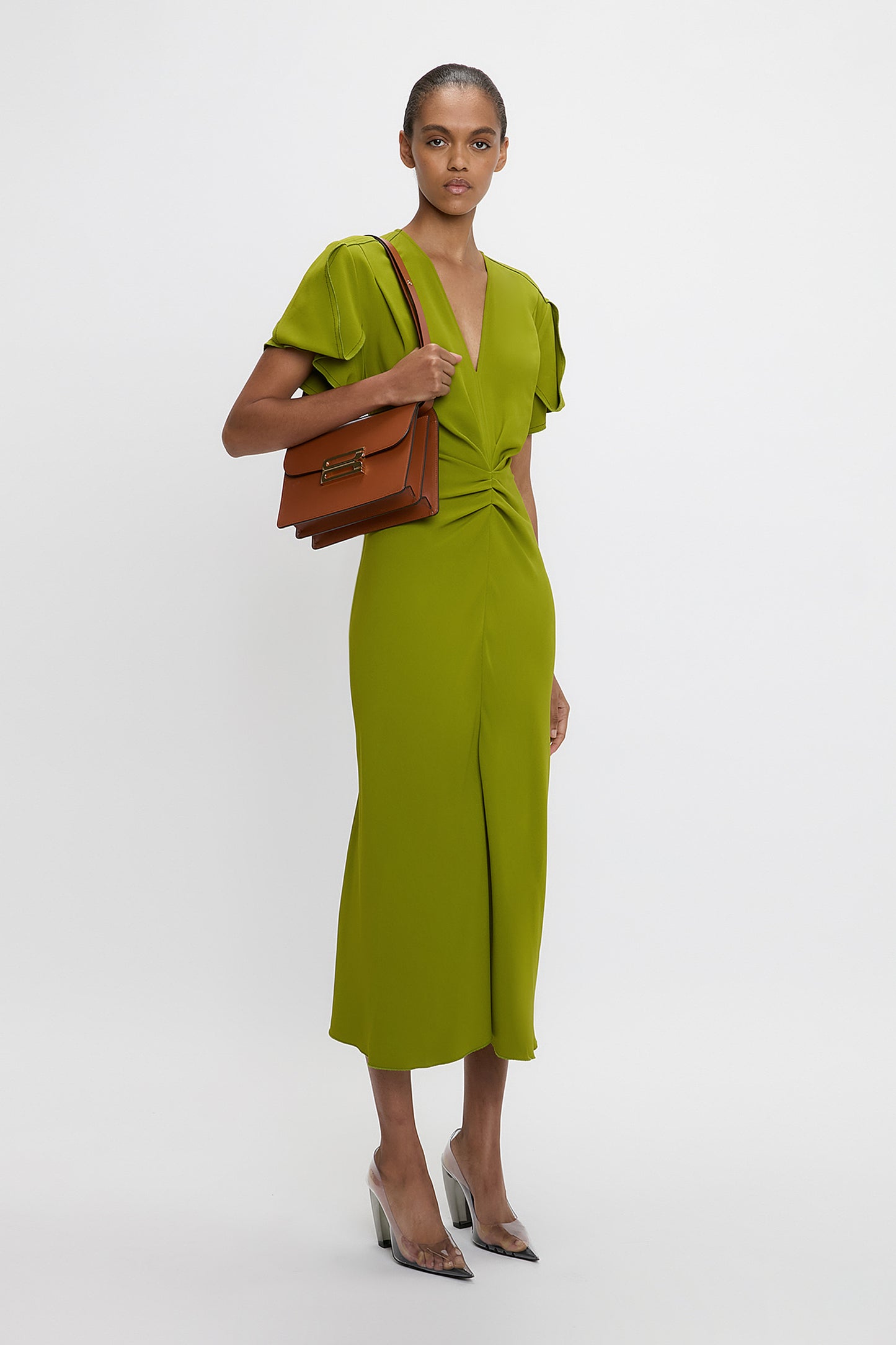 Gathered V-Neck Midi Dress In Parakeet