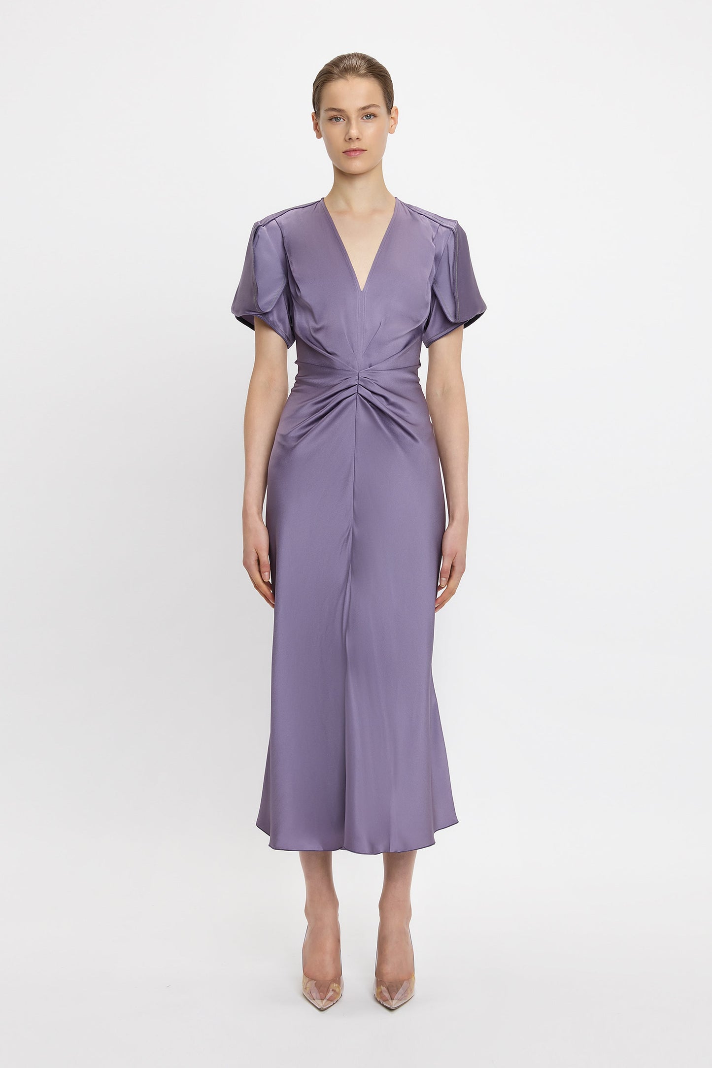 Gathered V-Neck Midi Dress In Iris