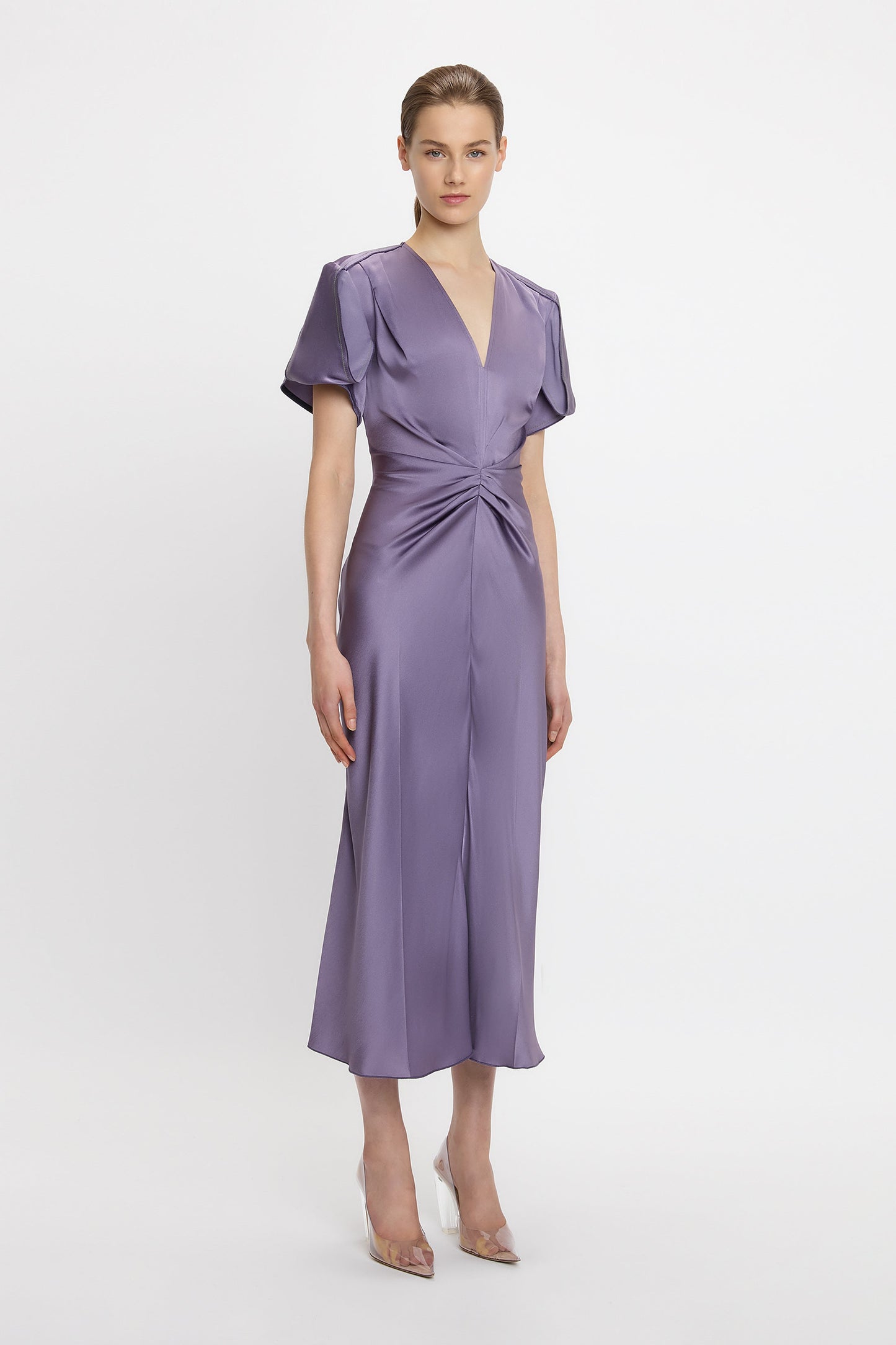 Gathered V-Neck Midi Dress In Iris