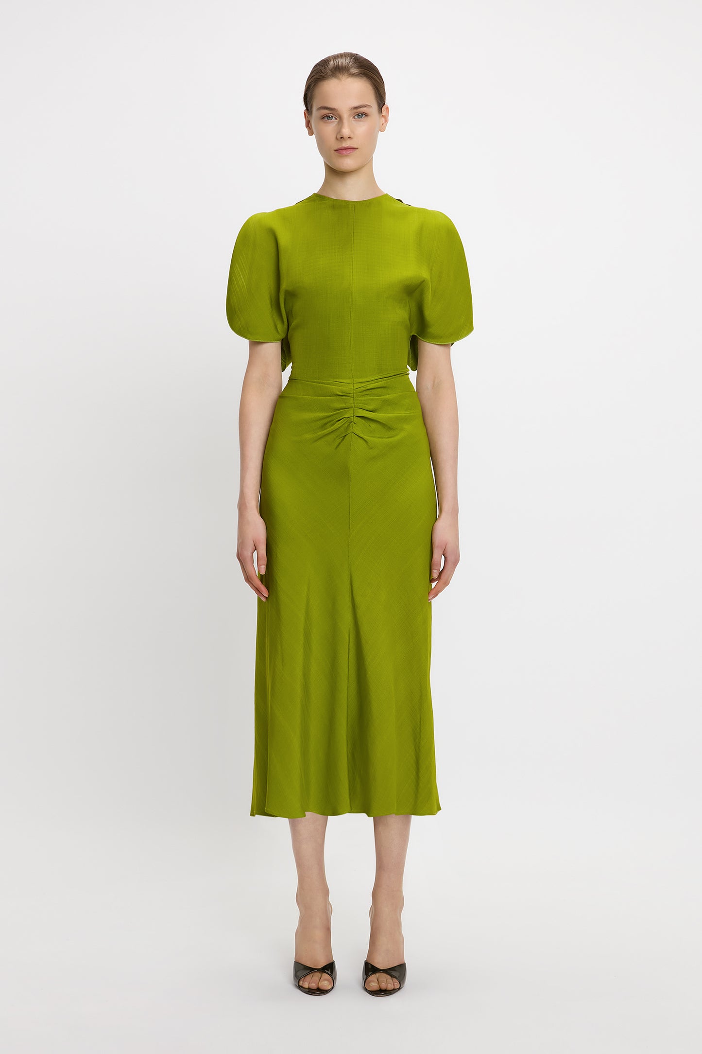 Gathered Waist Midi Dress In Parrot Green