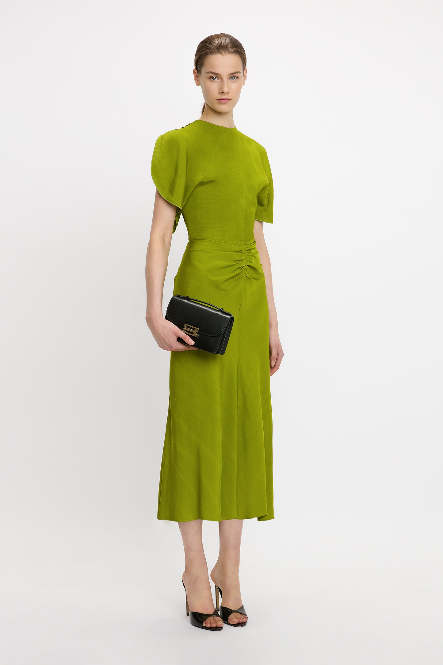 Gathered Waist Midi Dress In Parrot Green