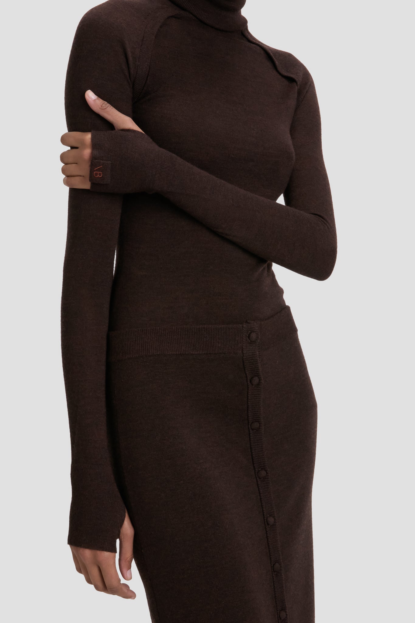 Button Detail Midi Skirt In Dark Chocolate