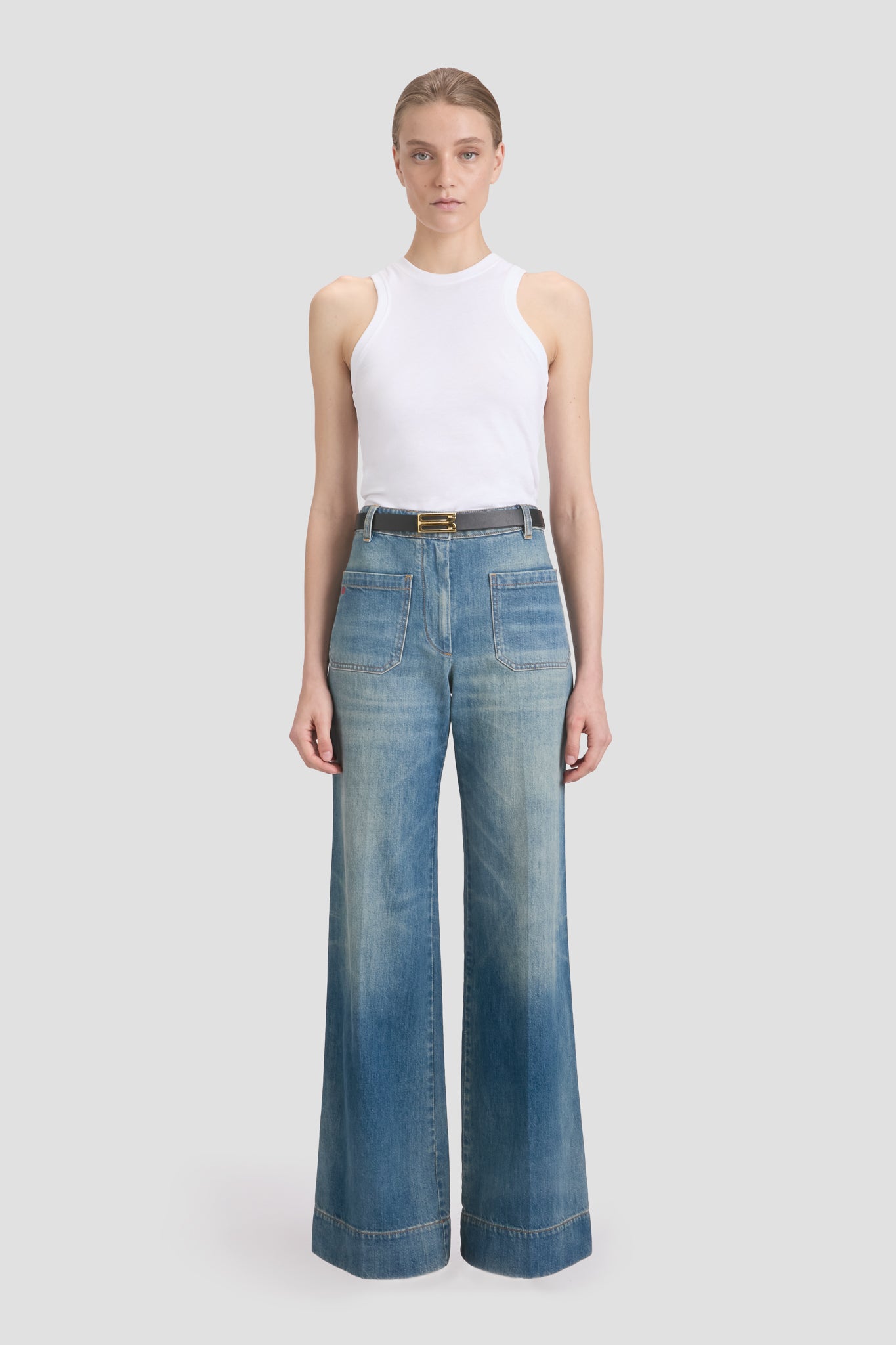Alina High Waisted Long Jean In Washed Blue