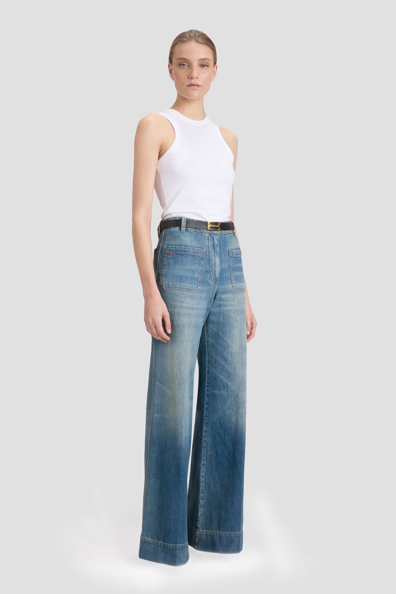Alina High Waisted Long Jean In Washed Blue