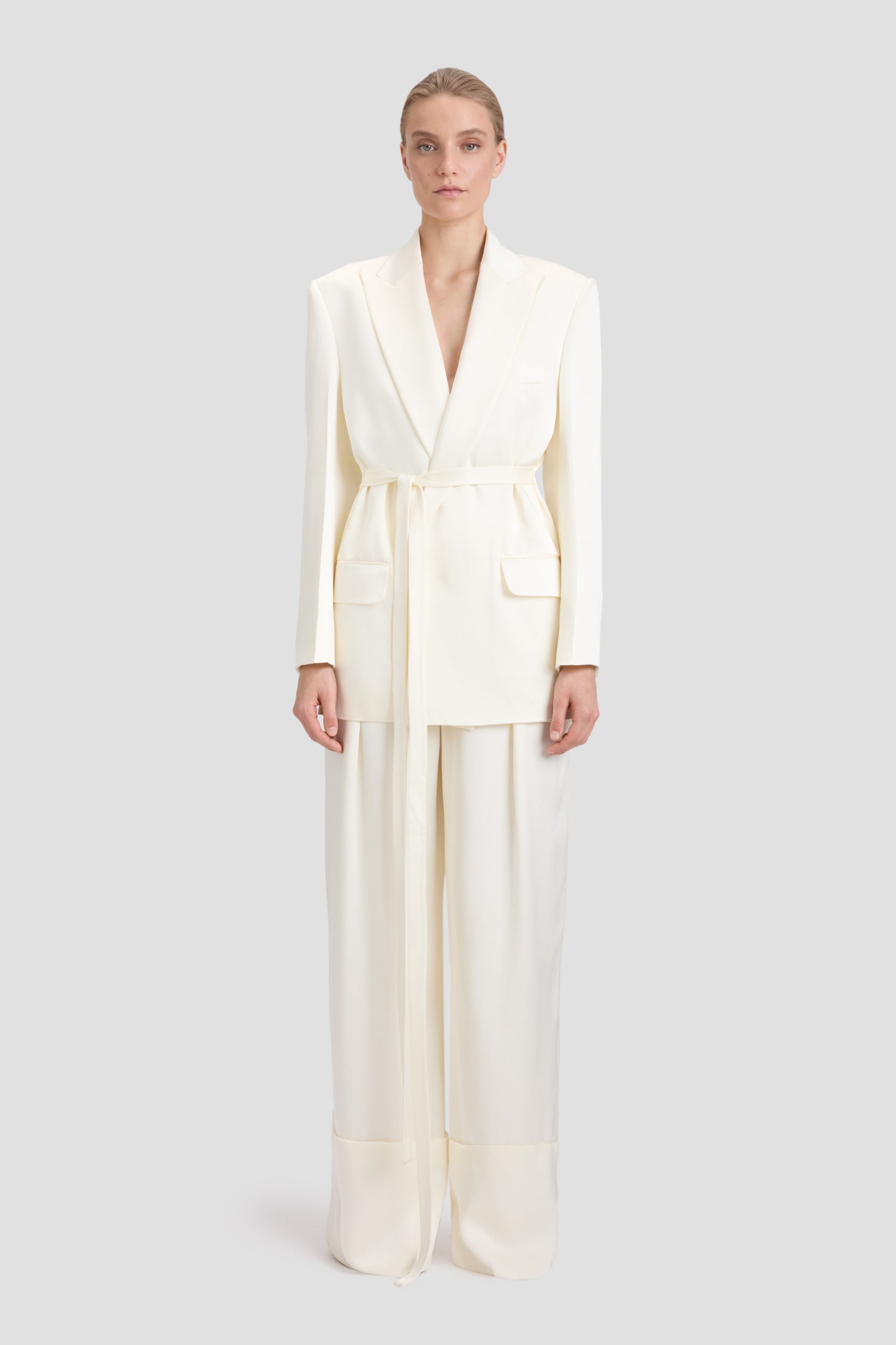 Wide Leg Turn-Up Trouser In Ivory