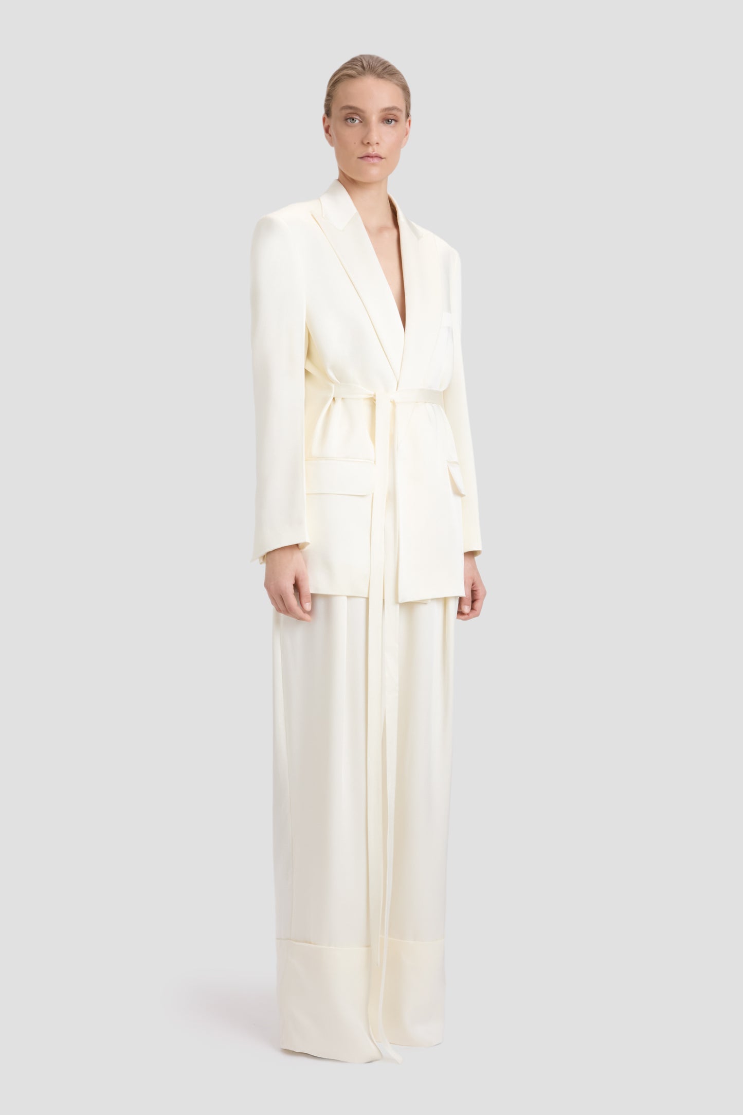 Wide Leg Turn-Up Trouser In Ivory