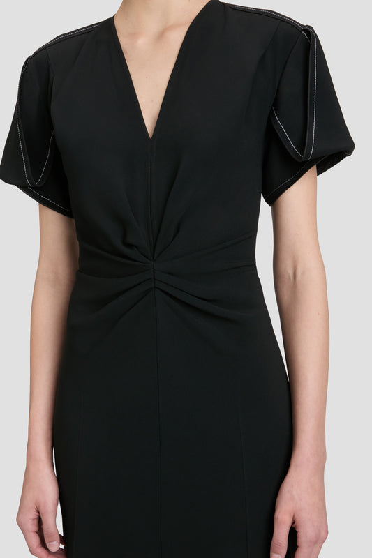 Gathered V-Neck Midi Dress in Black