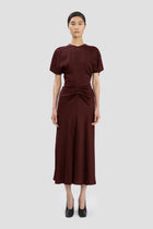 Gathered Waist Midi Dress In Merlot