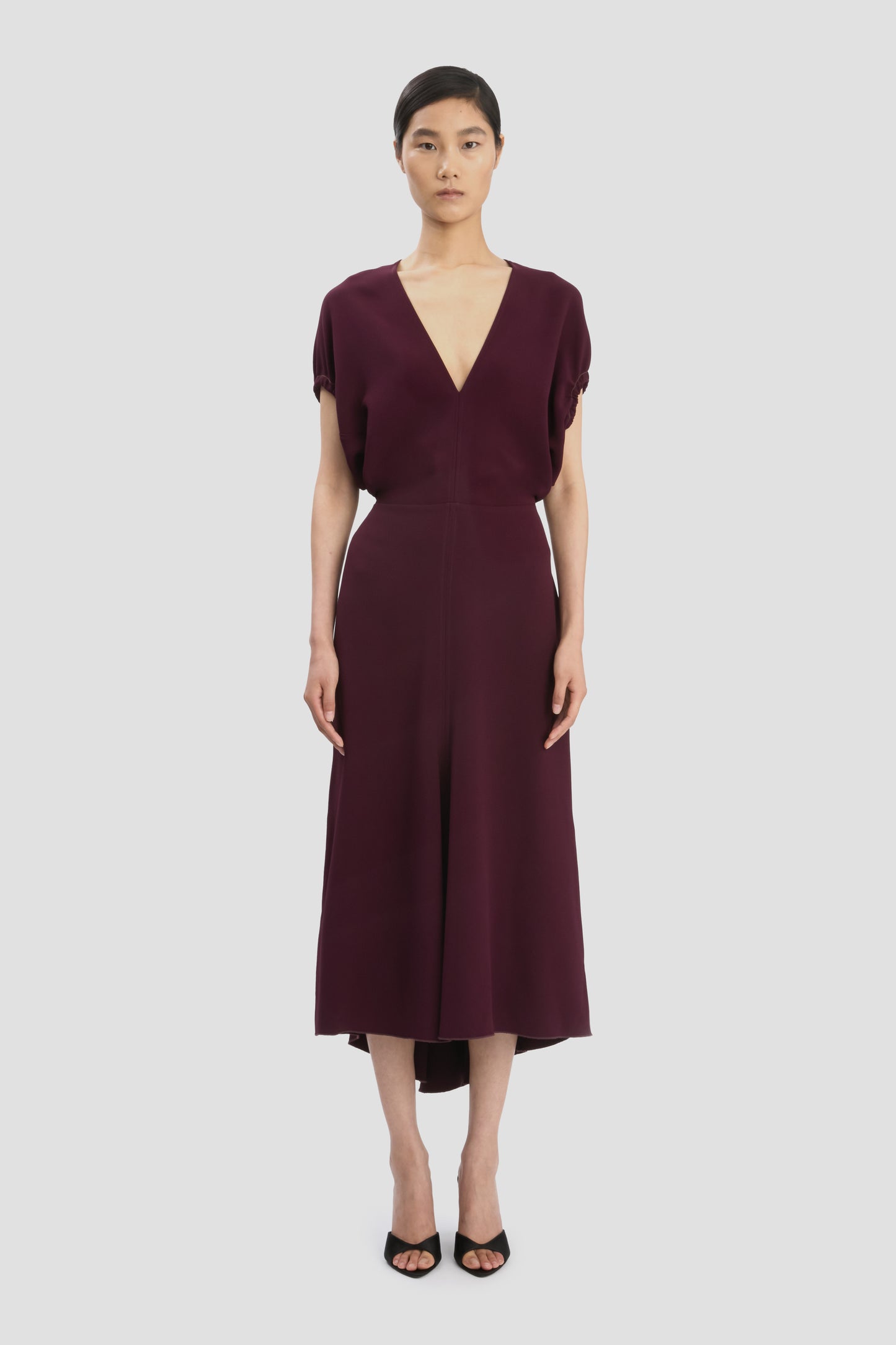 Blouson Detail Midi Dress In Merlot