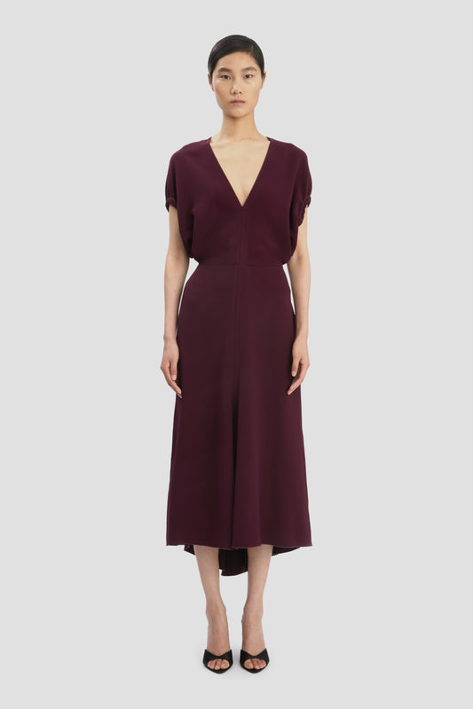 Blouson Detail Midi Dress In Merlot