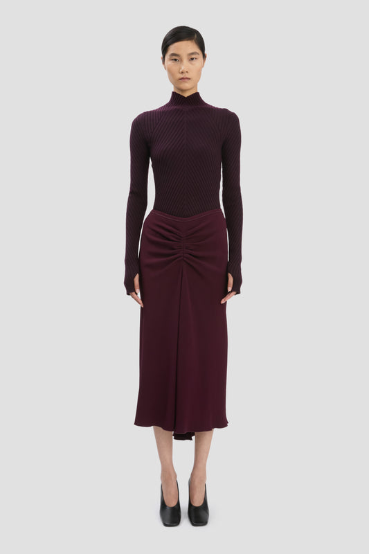 Gathered Waist Midi Skirt In Merlot