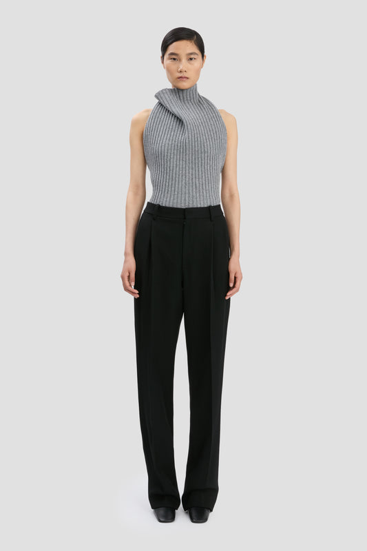 Draped Sleeveless Rib Top In Grey Melange