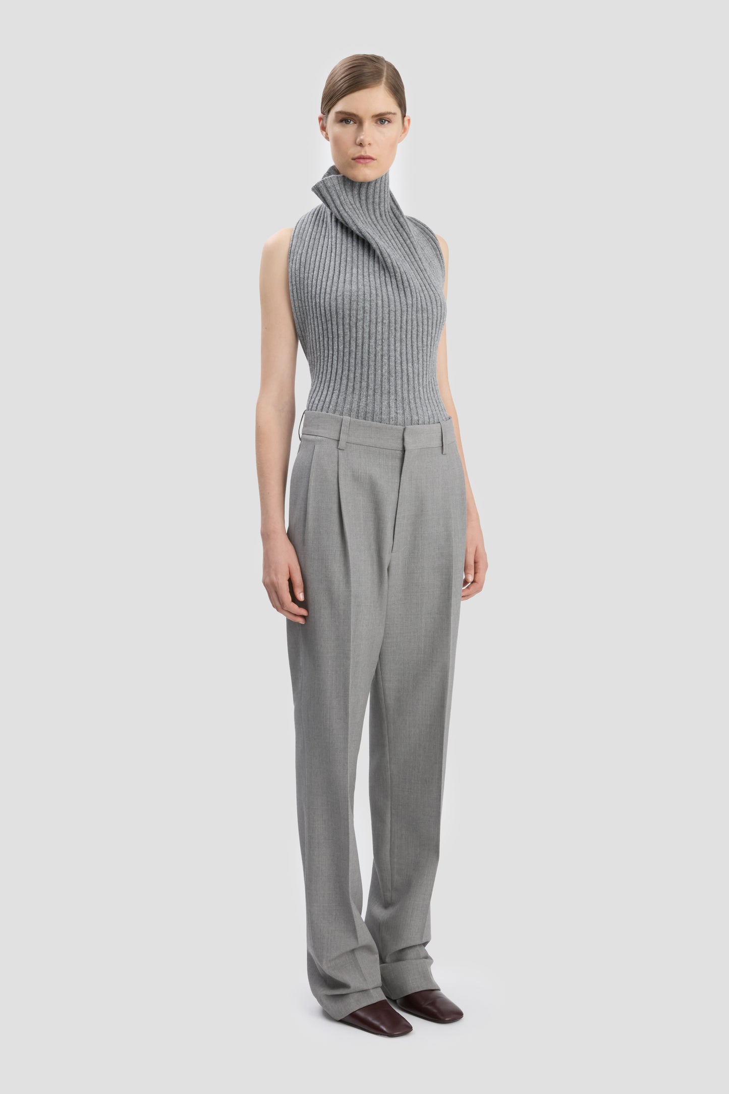 Drop-Waist Straight Leg Trouser In Light Grey Melange