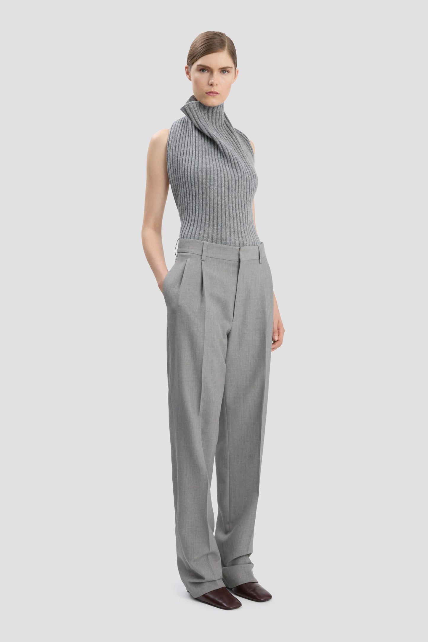 Drop-Waist Straight Leg Trouser In Light Grey Melange