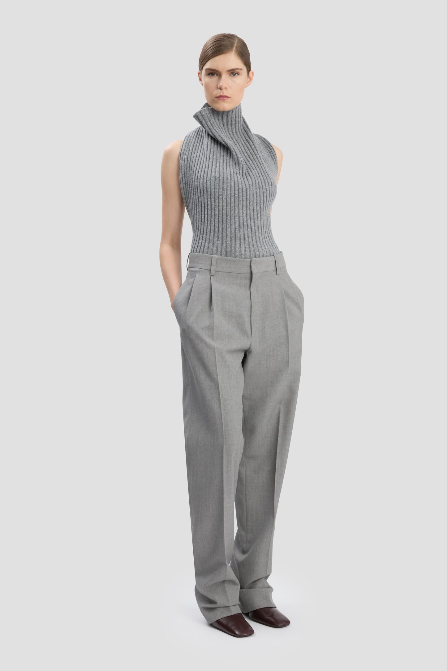 Drop-Waist Straight Leg Trouser In Light Grey Melange