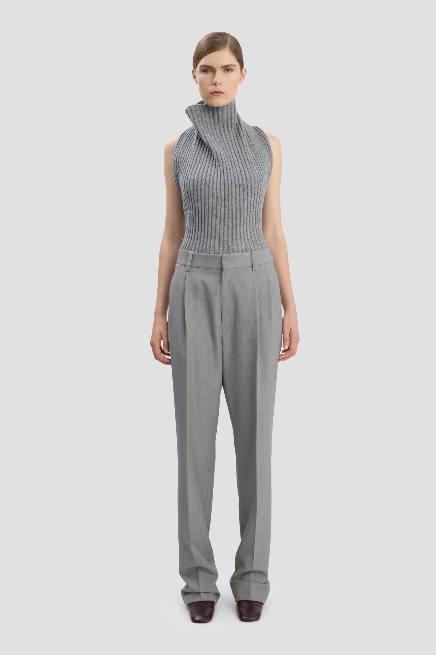Drop-Waist Straight Leg Trouser In Light Grey Melange