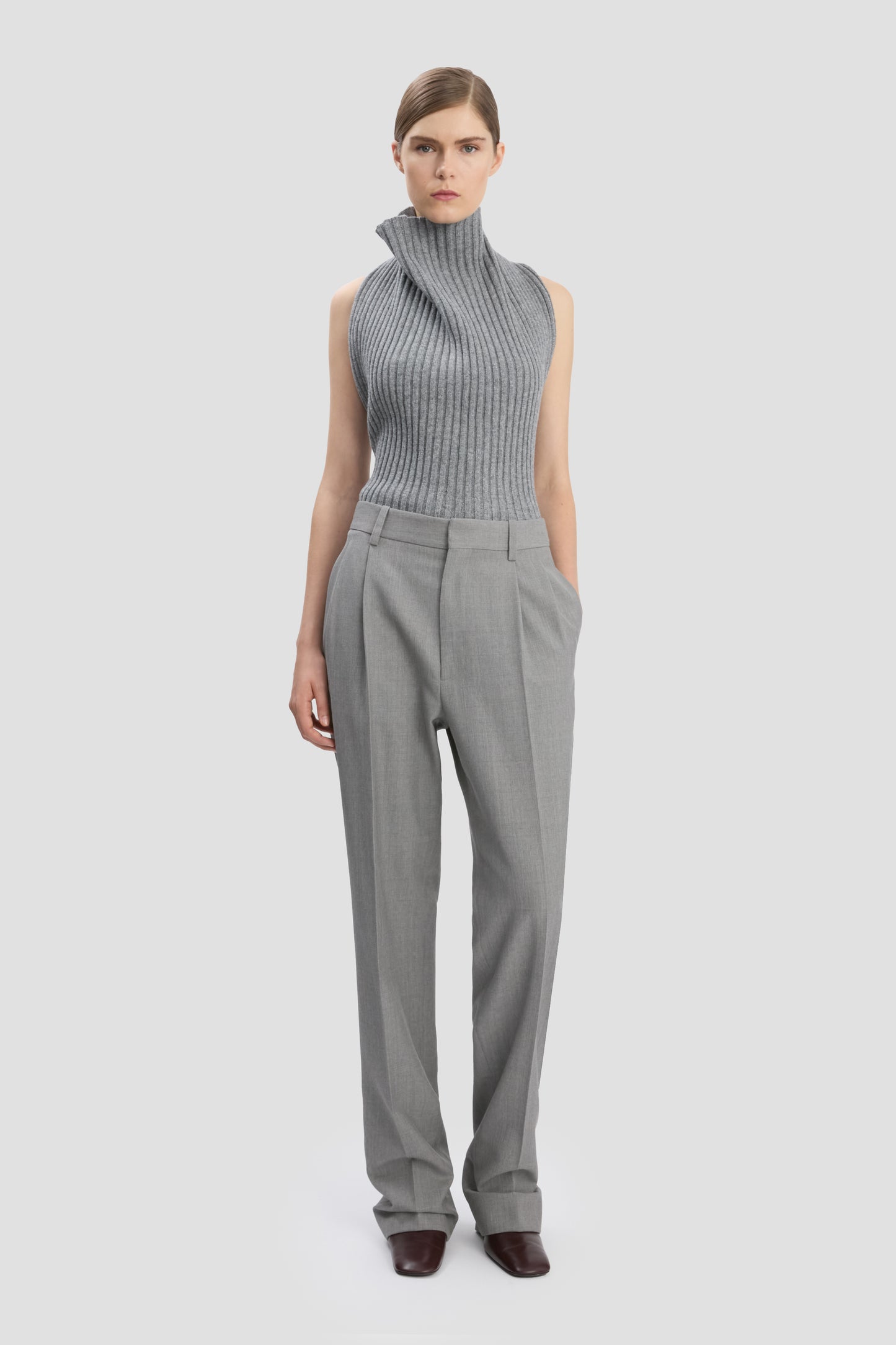Drop-Waist Straight Leg Trouser In Light Grey Melange