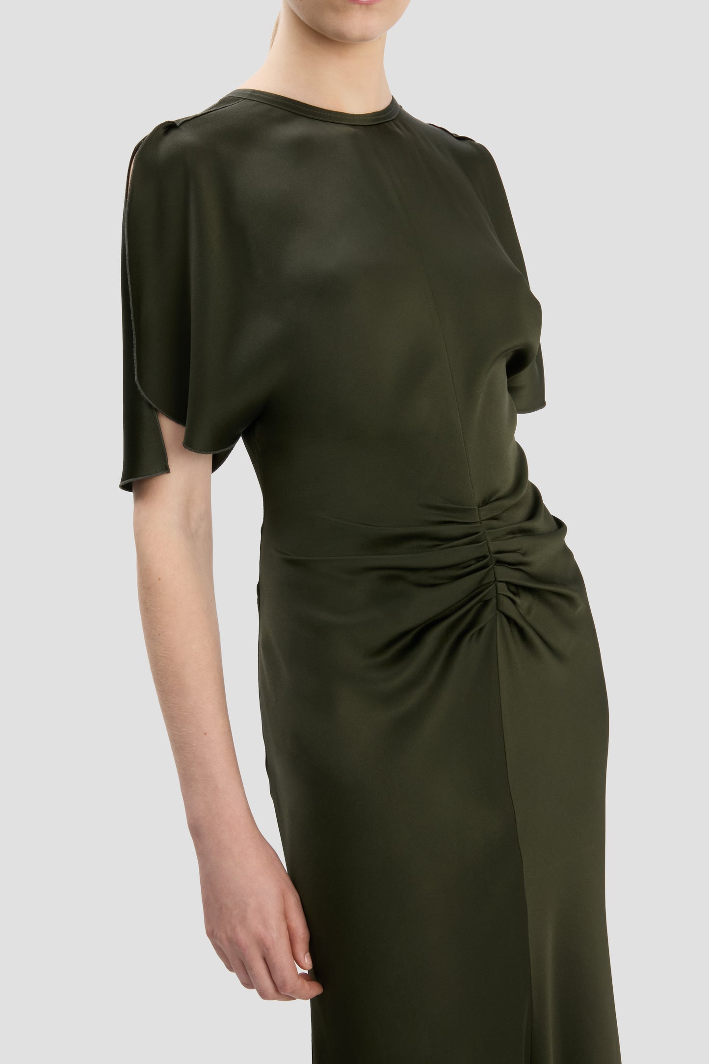 Gathered Waist Floor-Length Dress In Dark Olive