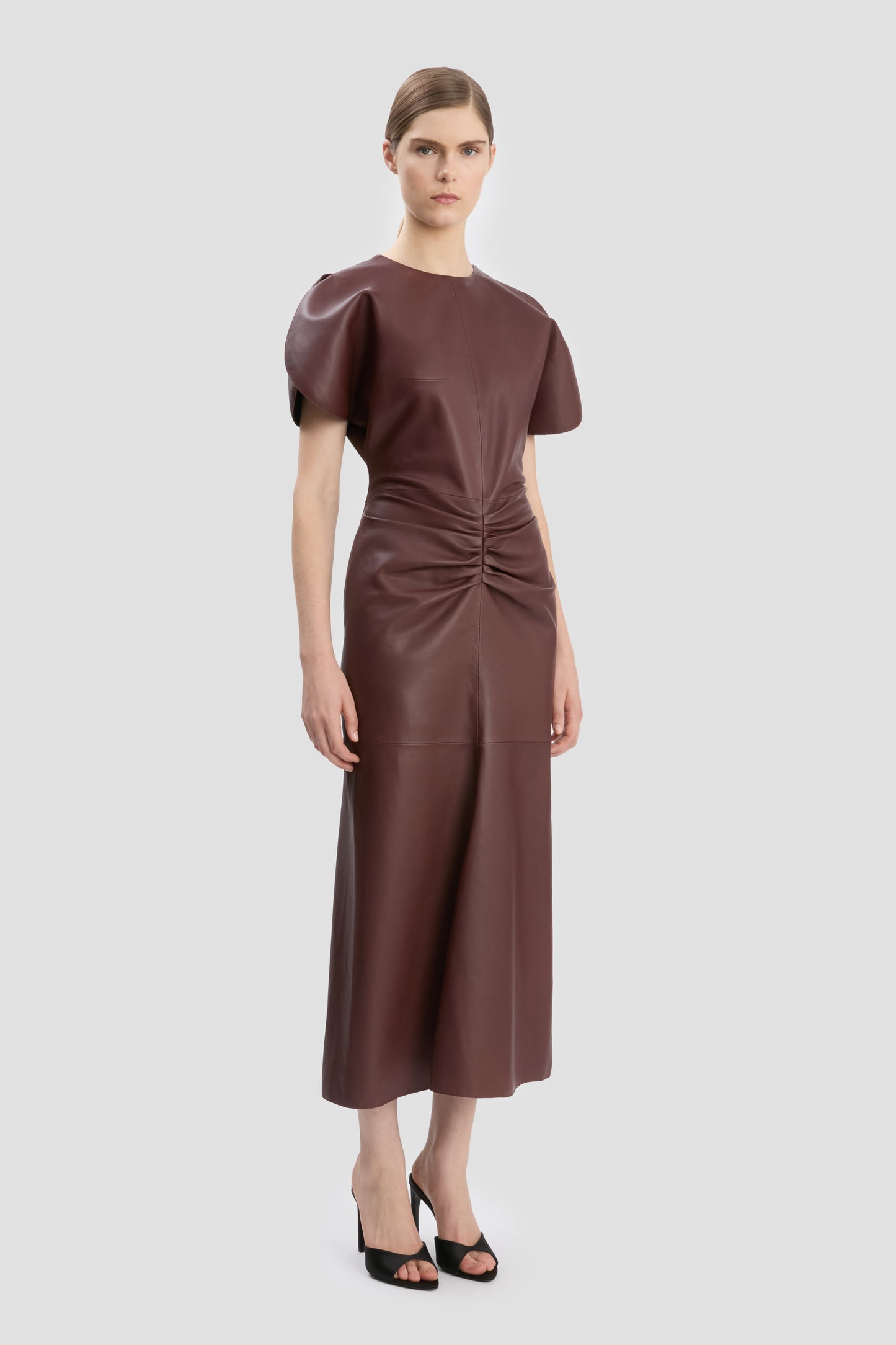 Gathered Waist Midi Dress In Soft Burgundy Leather