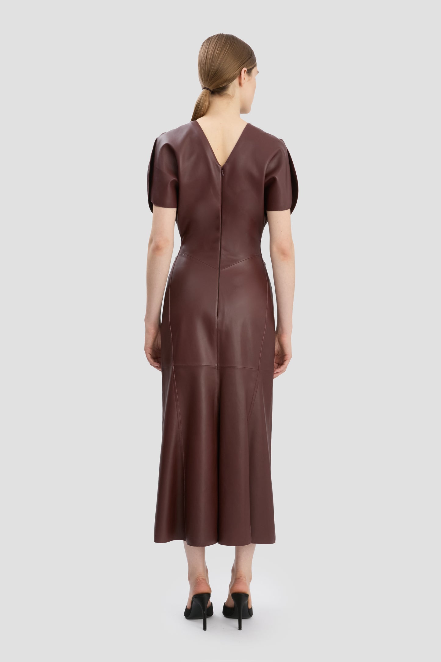 Gathered Waist Midi Dress In Soft Burgundy Leather