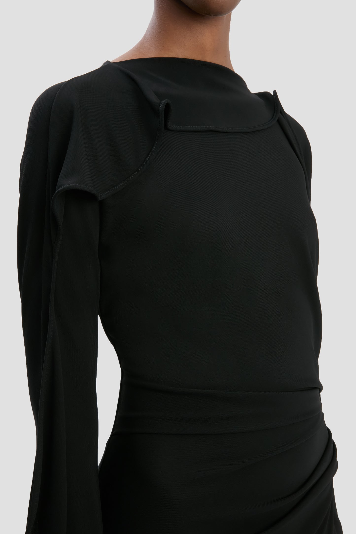 Long Sleeve Draped Jersey Midi Dress In Black