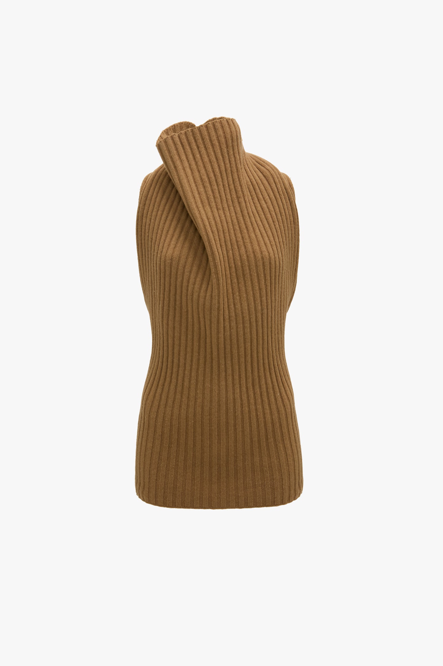 Draped Sleeveless Rib Top In Dark Camel