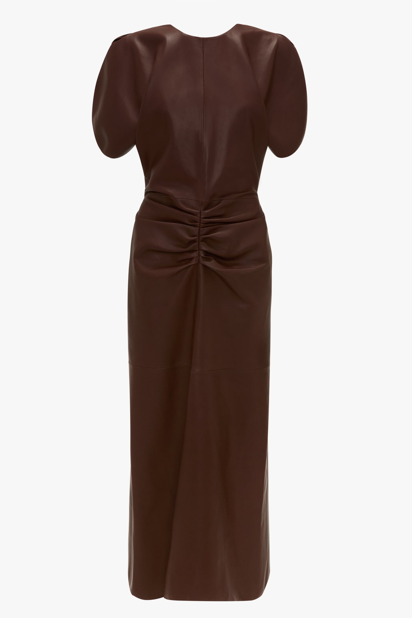 Gathered Waist Midi Dress In Soft Burgundy Leather