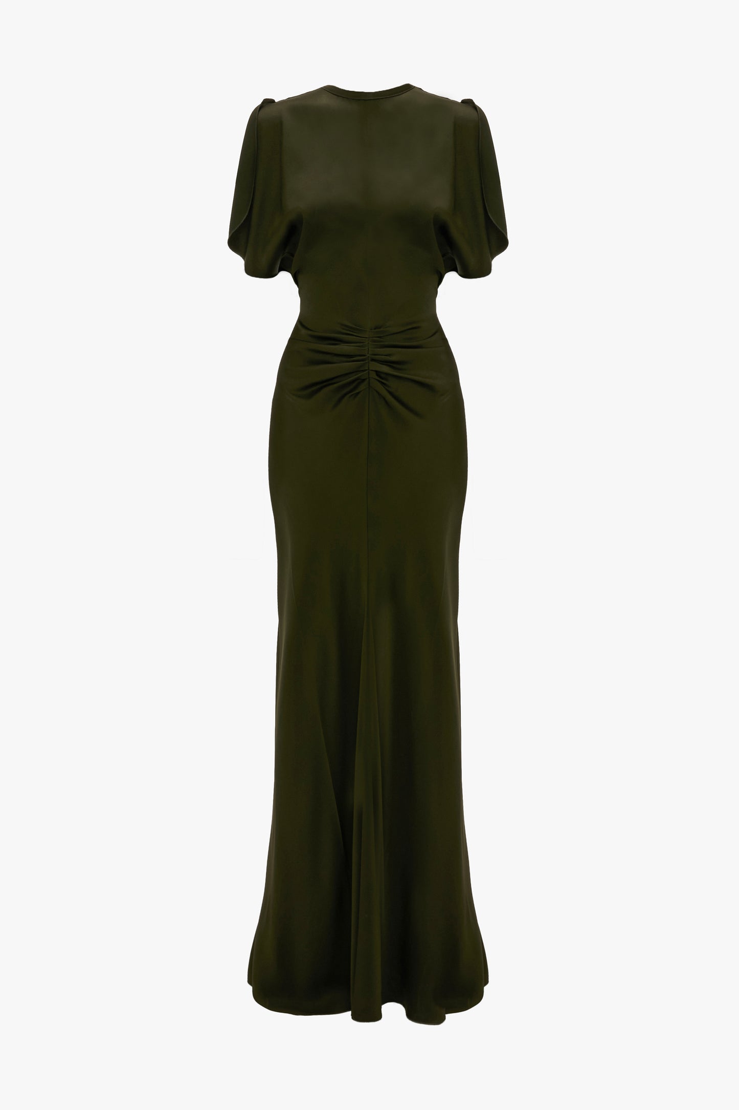 Gathered Waist Floor-Length Dress In Dark Olive