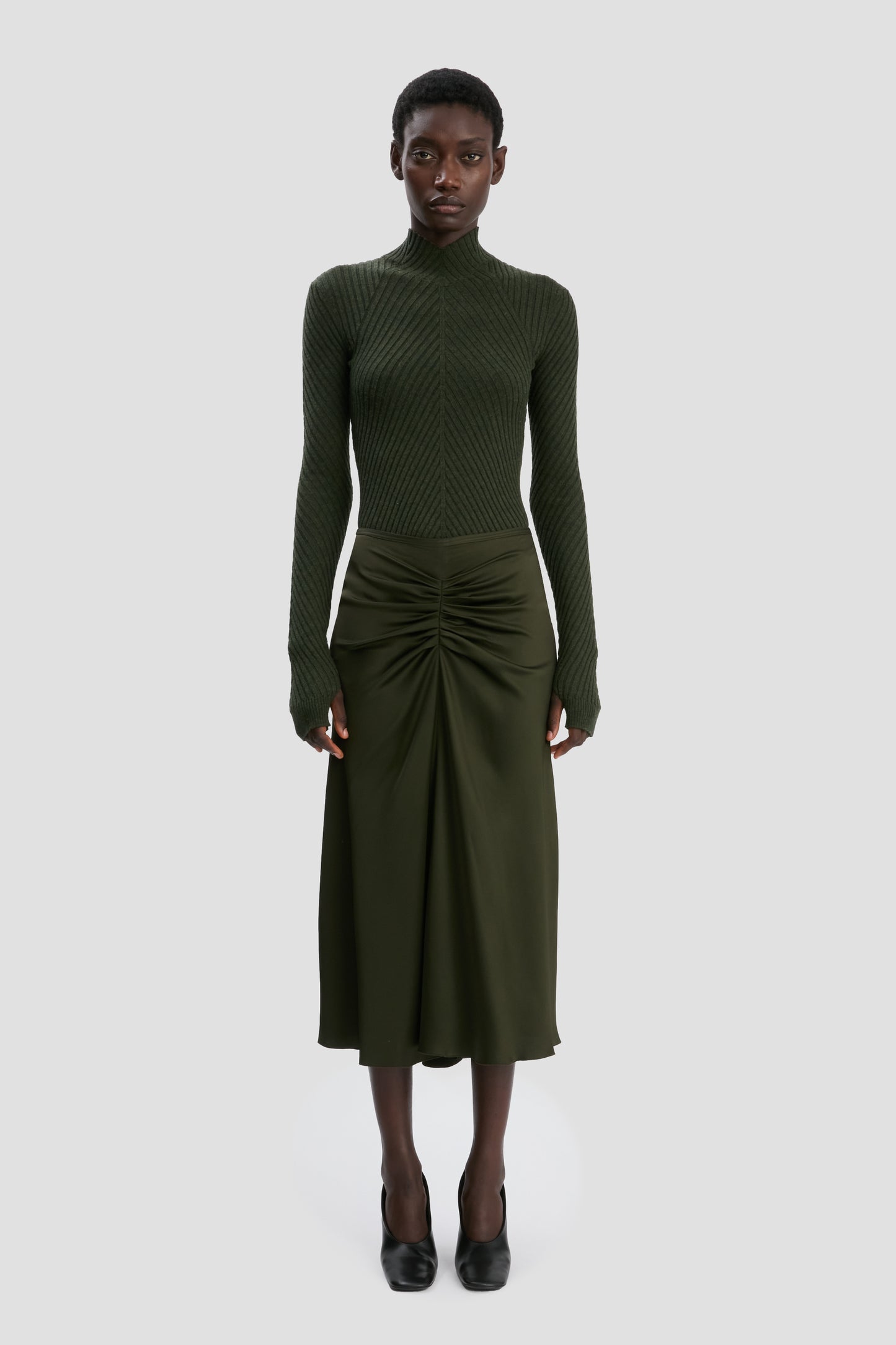 Gathered Waist Midi Skirt In Dark Olive