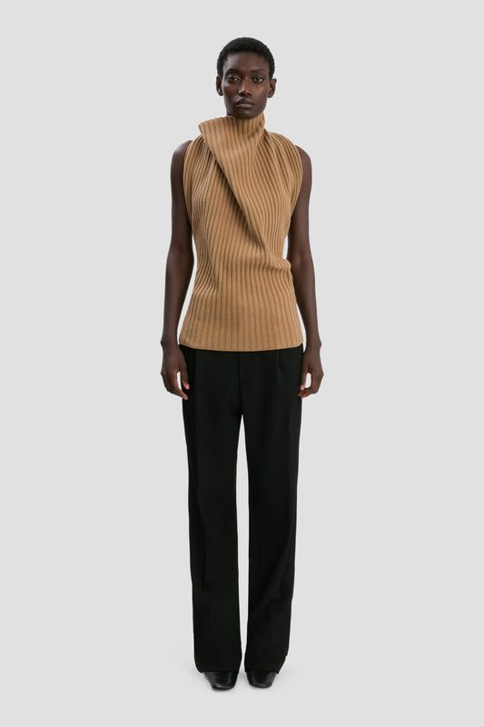 Draped Sleeveless Rib Top In Dark Camel