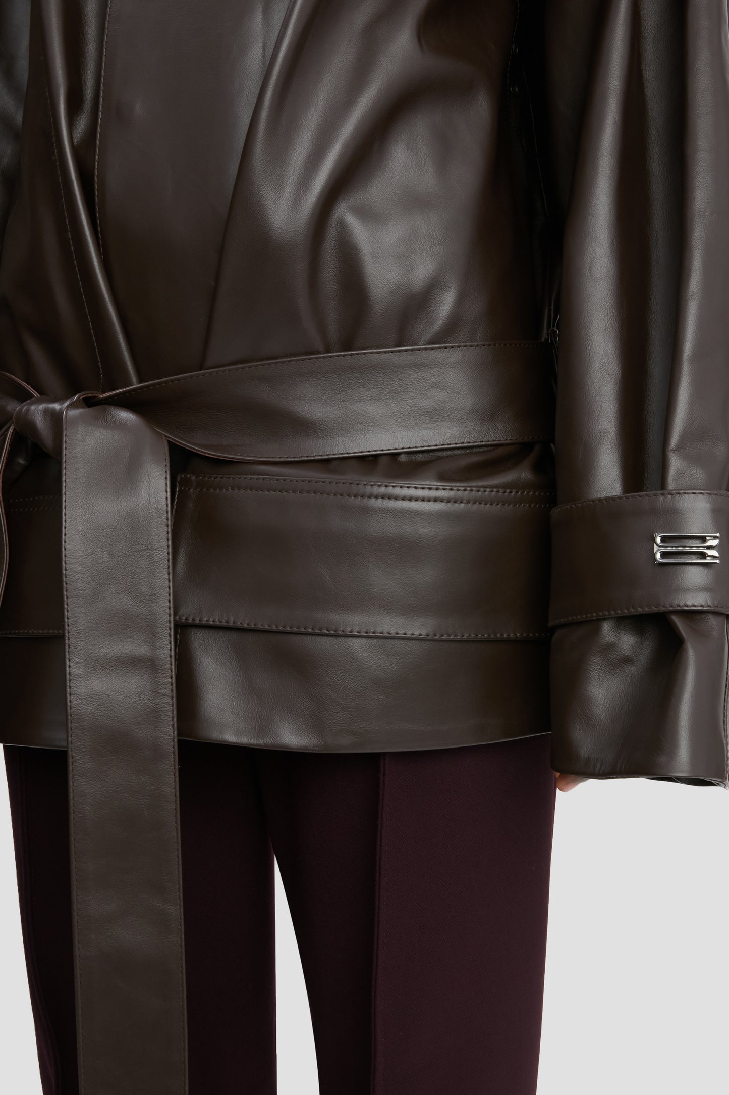 Cropped Belted Leather Trench In Dark Chocolate