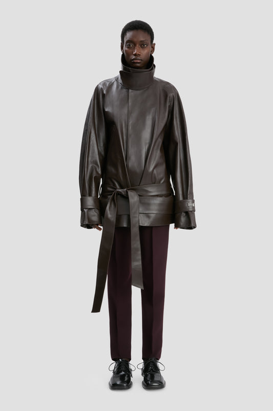 Cropped Belted Leather Trench In Dark Chocolate