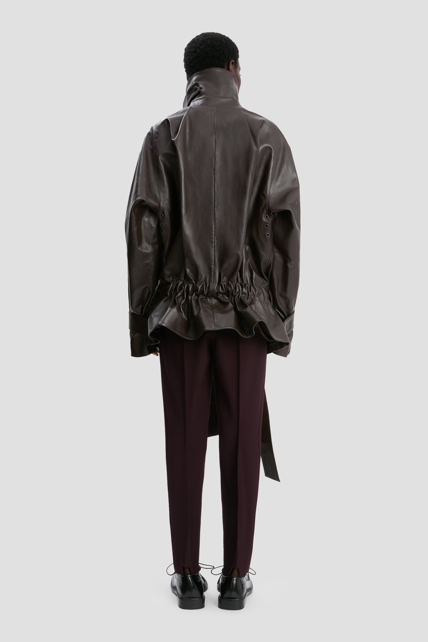Cropped Belted Leather Trench In Dark Chocolate