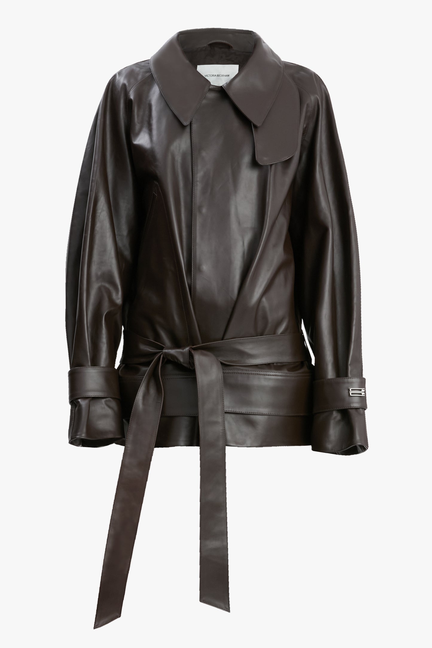 Cropped Belted Leather Trench In Dark Chocolate