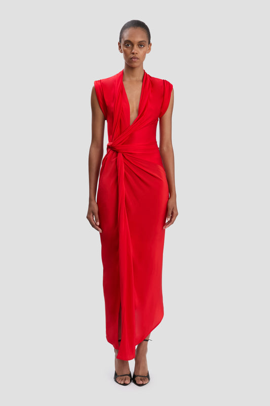 Asymmetric Twist Dress In Cardinal Red