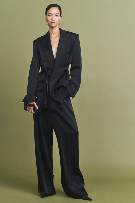 Wide Leg Turn-Up Trouser In Black