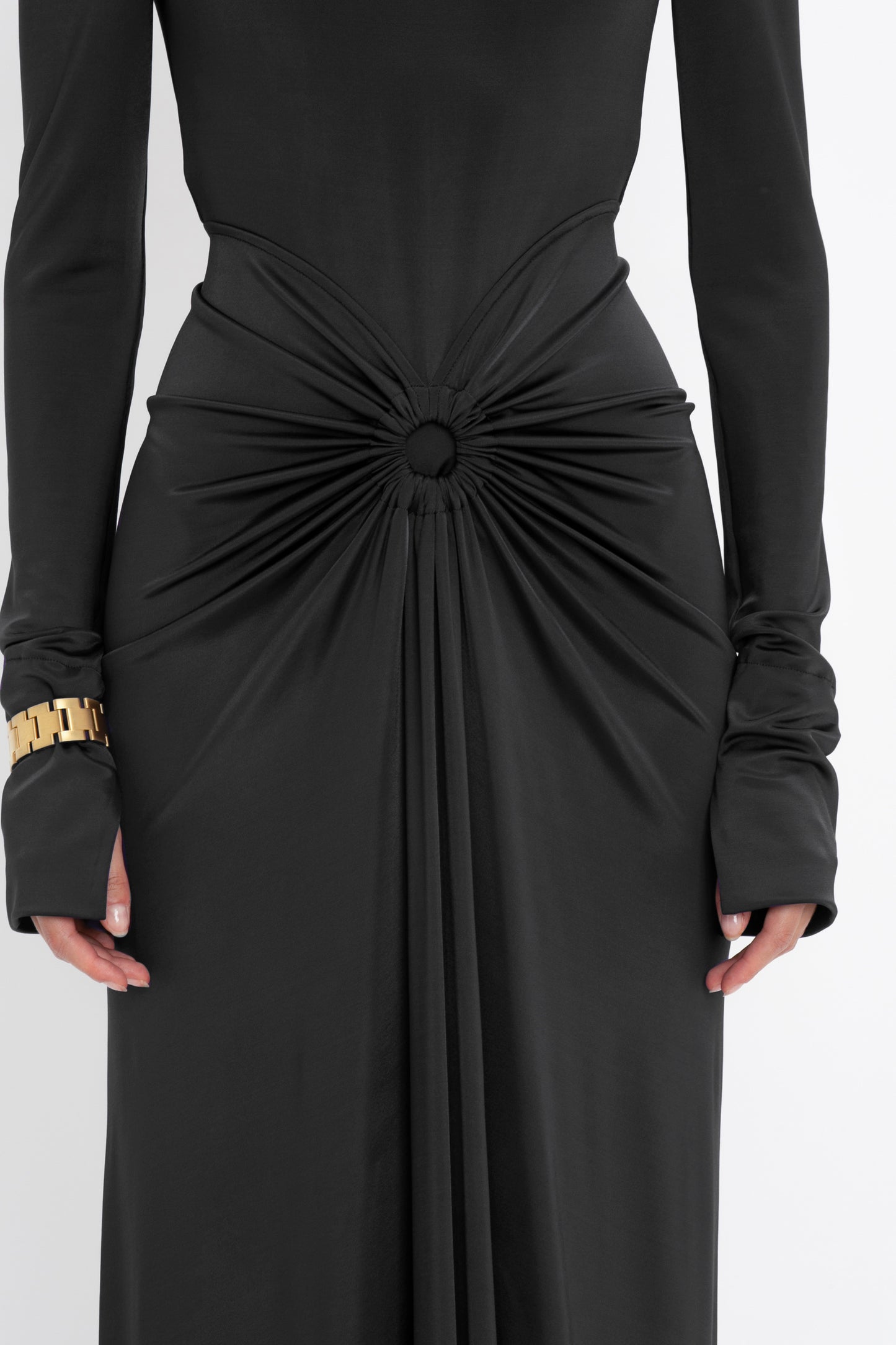 Long Sleeve Gathered Midi Dress In Black