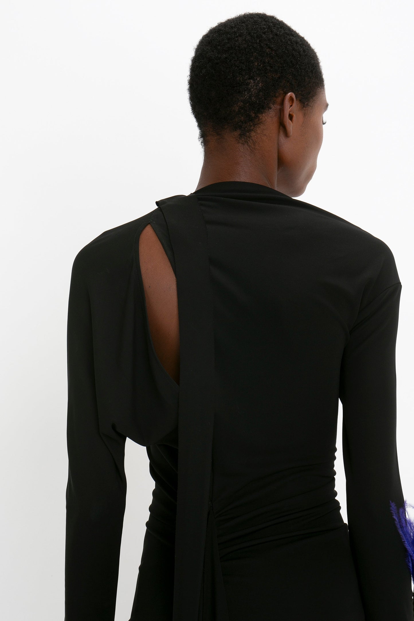 Slash-Neck Ruched Midi Dress In Black