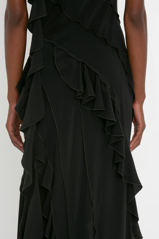 Asymmetric Bias Frill Dress in Black