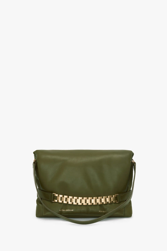 Olive green Victoria Beckham Puffy Chain Pouch With Strap In Khaki Leather with a gold chain detail and a shoulder strap, displayed against a plain white background.
