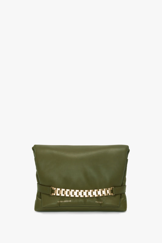 A Victoria Beckham Puffy Chain Pouch With Strap In Khaki Leather, this clutch features a puffy chain pouch design with a striking gold chain detail adorning the front.