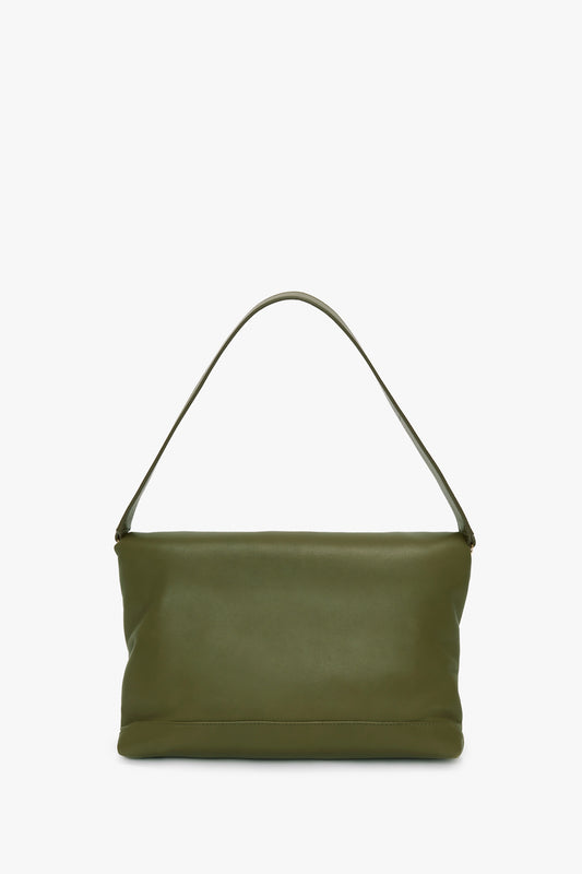 Olive green leather Victoria Beckham Puffy Chain Pouch With Strap In Khaki Leather with a single strap and gold chain detail, simple design, and no visible embellishments, placed against a white background.