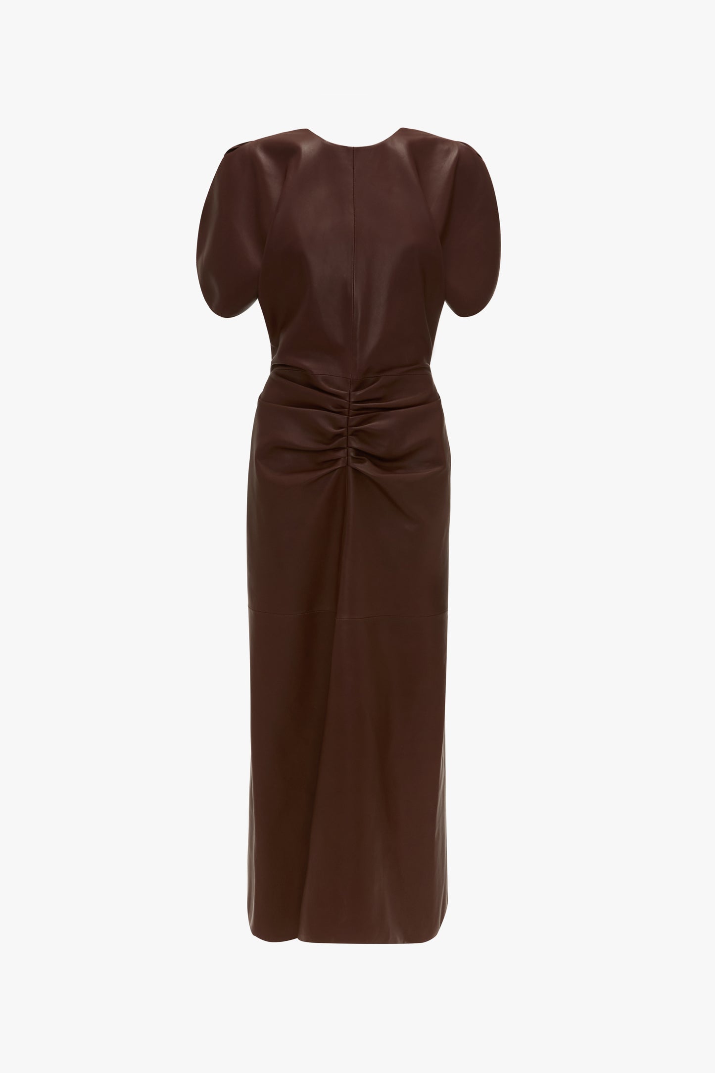 Leather Gathered Waist Midi Dress In Burgundy