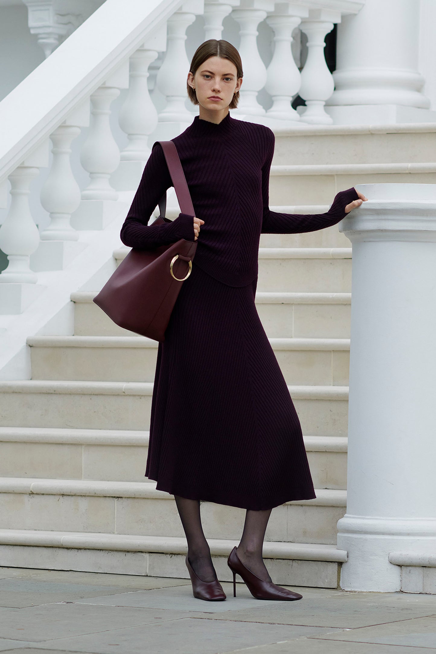 Ribbed Long Sleeve Knit Polo In Merlot