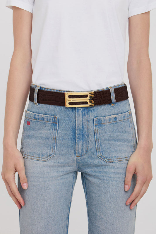 Jumbo Dorian Belt In Chocolate Croc Embossed Leather